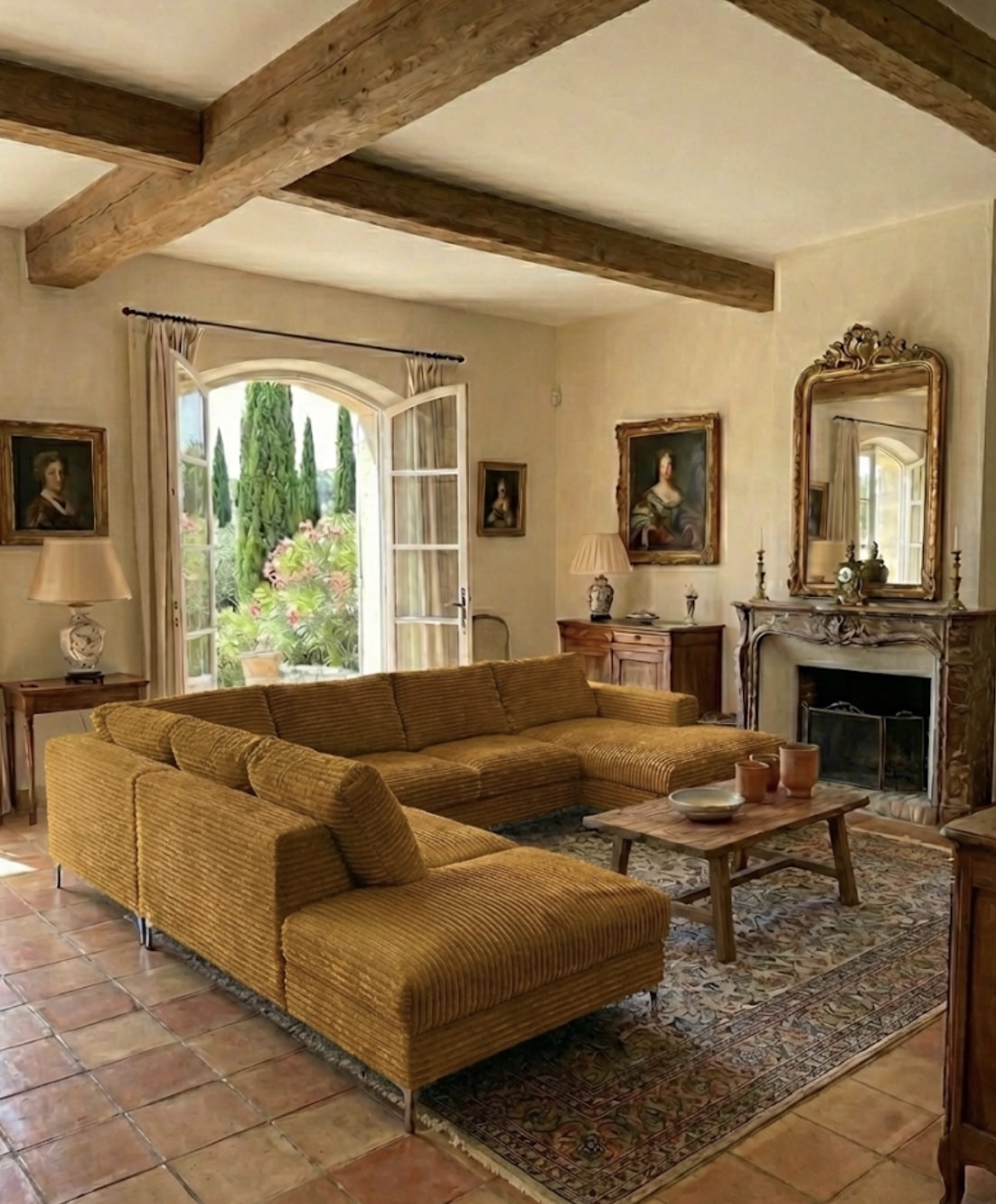Salon provençal avec canapé d'angle ocre, poutres apparentes, cheminée ancienne et vue sur un jardin méditerranéen.