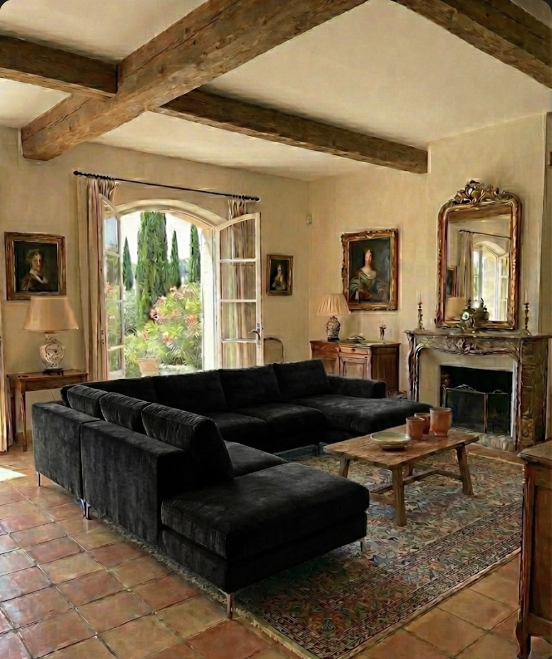 Salon rustique avec grand canapé d'angle noir, poutres en bois apparentes, carrelage en terre cuite et cheminée ancienne.