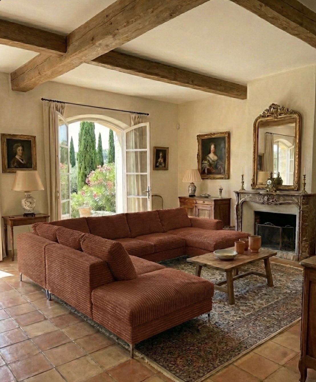 Salon rustique chic avec canapé en velours côtelé terracotta, poutres apparentes et vue sur un jardin provençal.