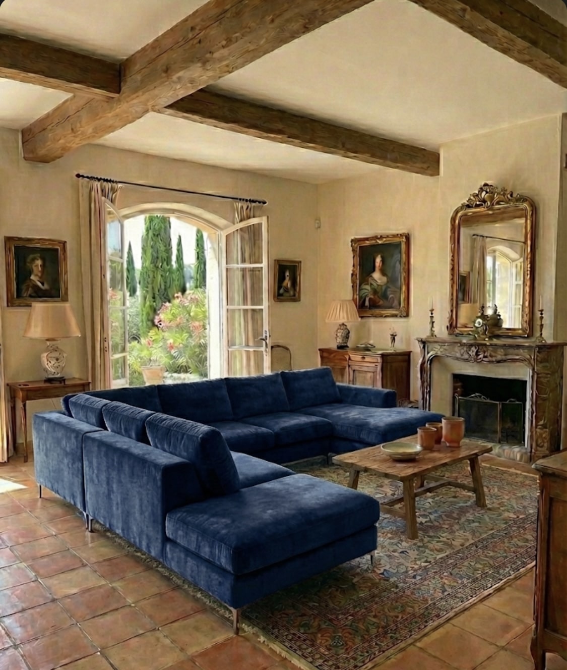 Salon rustique élégant avec canapé en velours bleu, poutres en bois et vue sur un jardin via des portes-fenêtres.