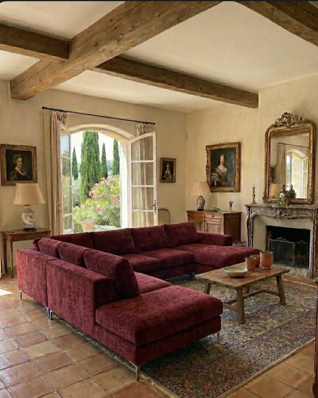 Salon élégant avec grand canapé bordeaux, poutres en bois et vue sur un jardin méditerranéen ensoleillé.