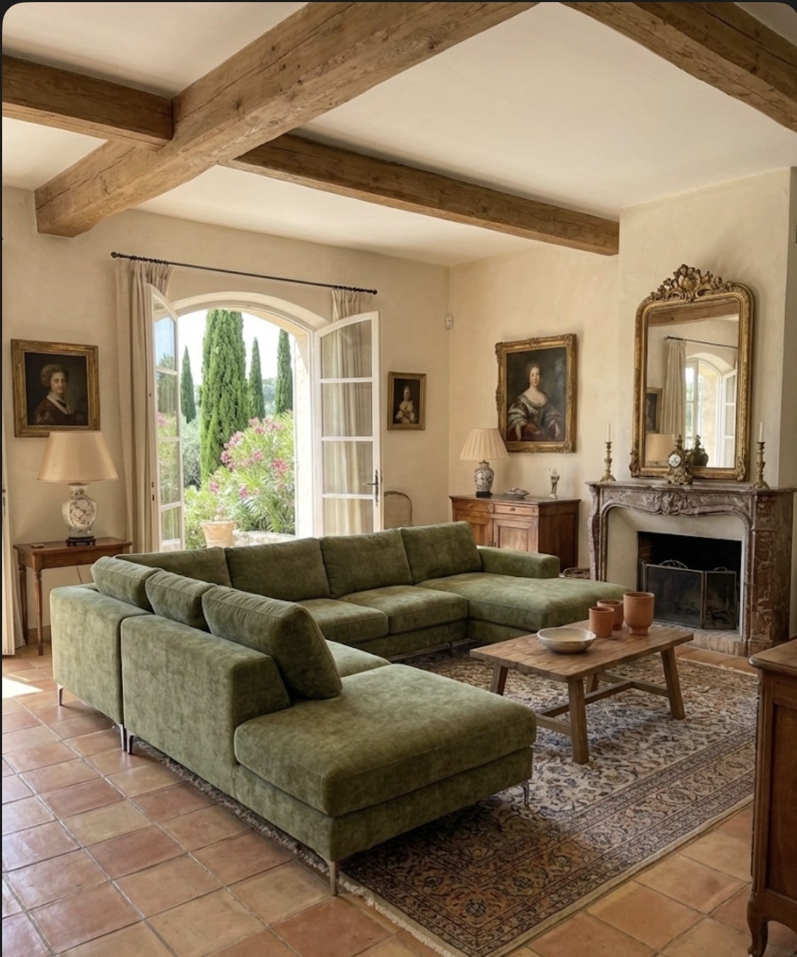 Salon rustique avec canapé d'angle vert, poutres en bois, cheminée en pierre et vue sur un jardin méditerranéen.