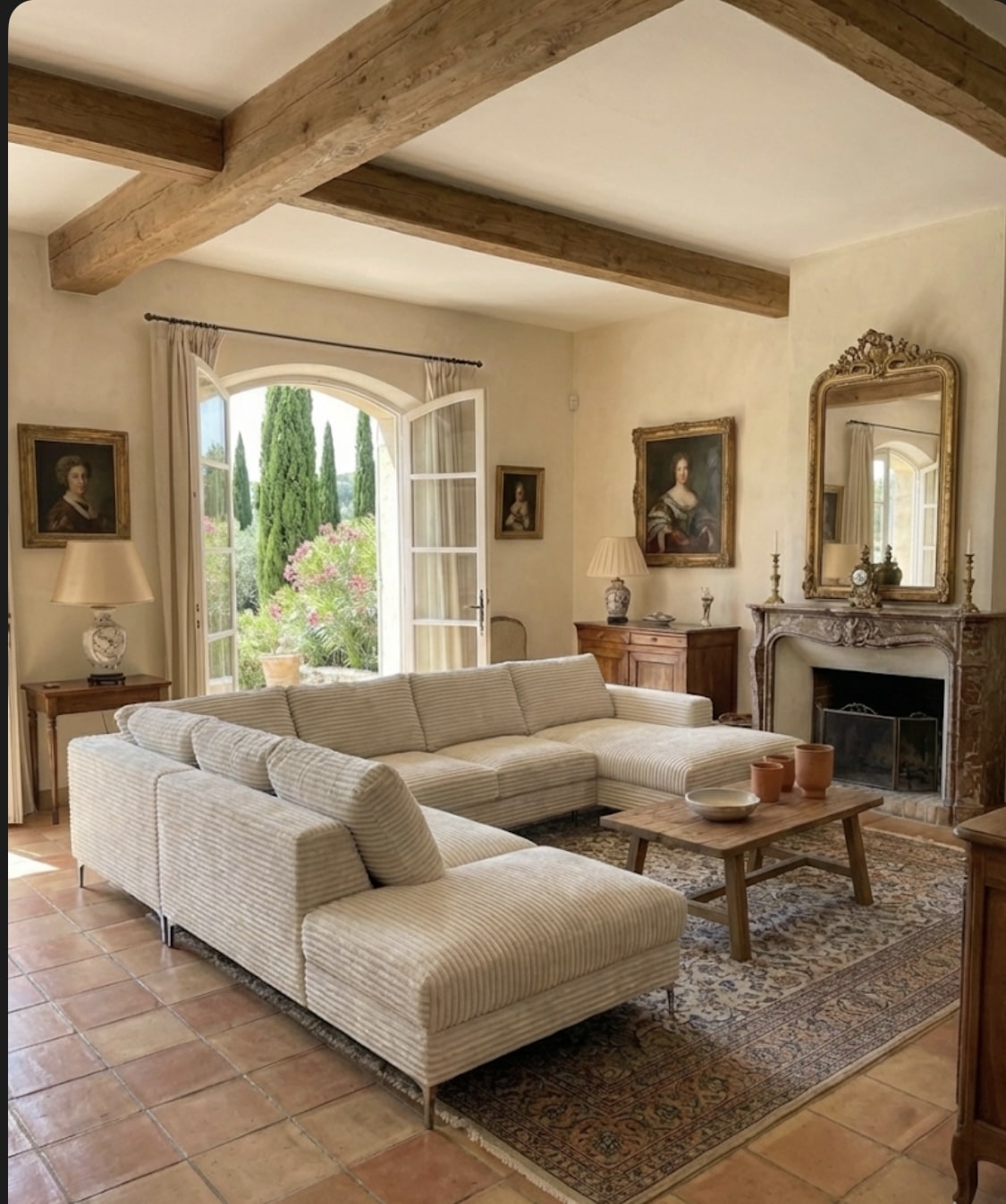 Salon rustique chic avec canapé d'angle, poutres en bois, cheminée ancienne et vue sur un jardin de cyprès.