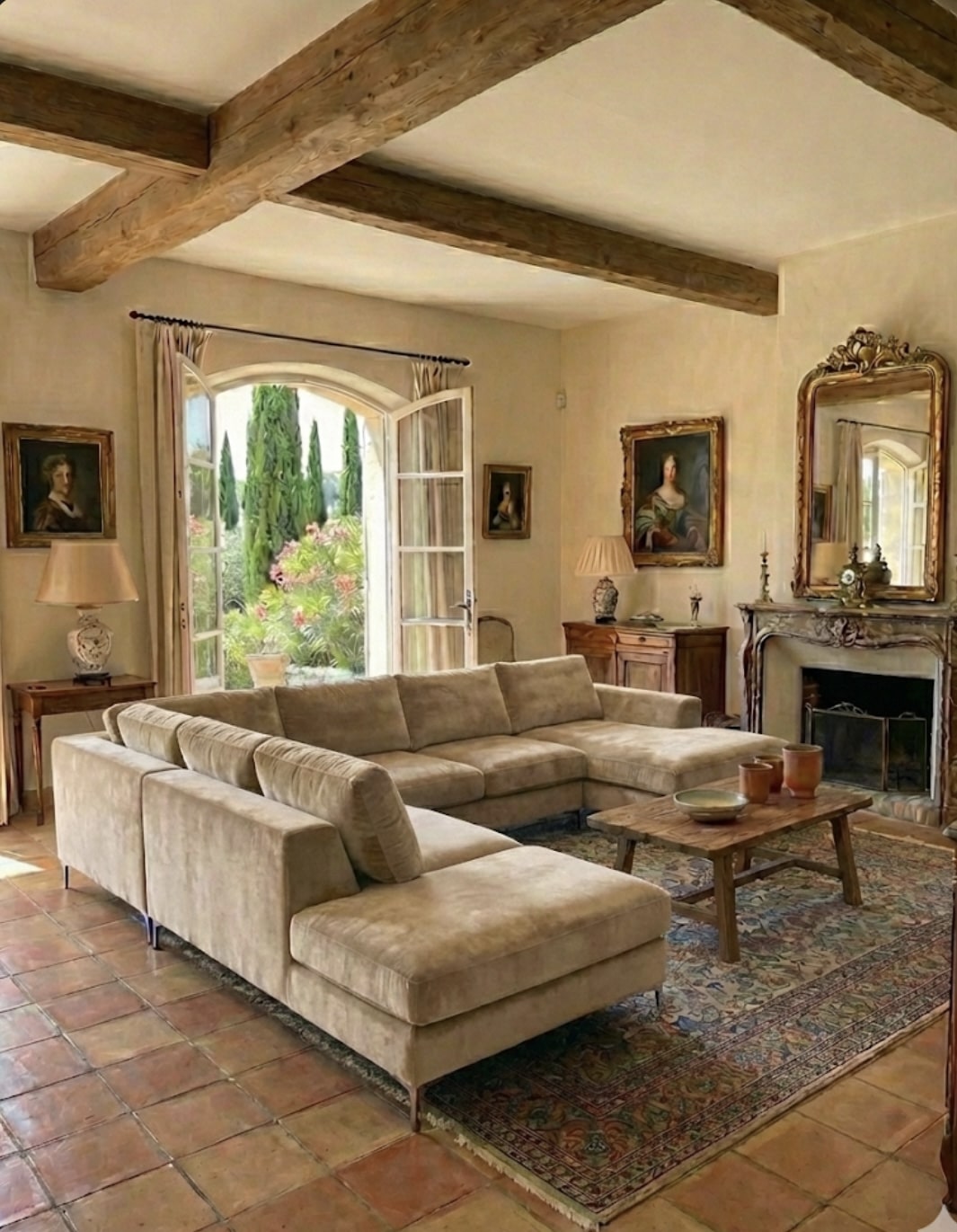 Salon rustique avec poutres en bois, grand canapé d'angle beige, tapis oriental et vue sur un jardin provençal luxuriant.