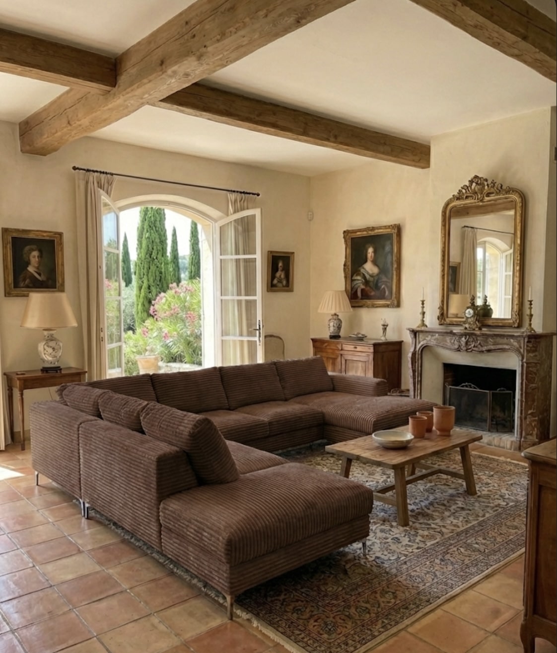 Salon chaleureux avec canapé en velours côtelé marron, poutres apparentes et vue sur un jardin méditerranéen.